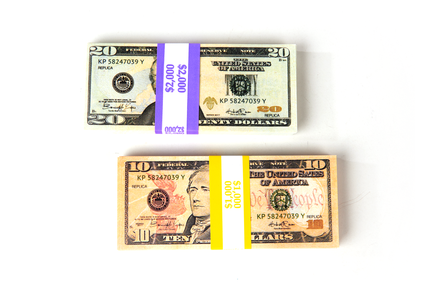 $3,000 in prop money from Strobeprops. 1 stack each of 20s and 10s fake money used in movies and videos.