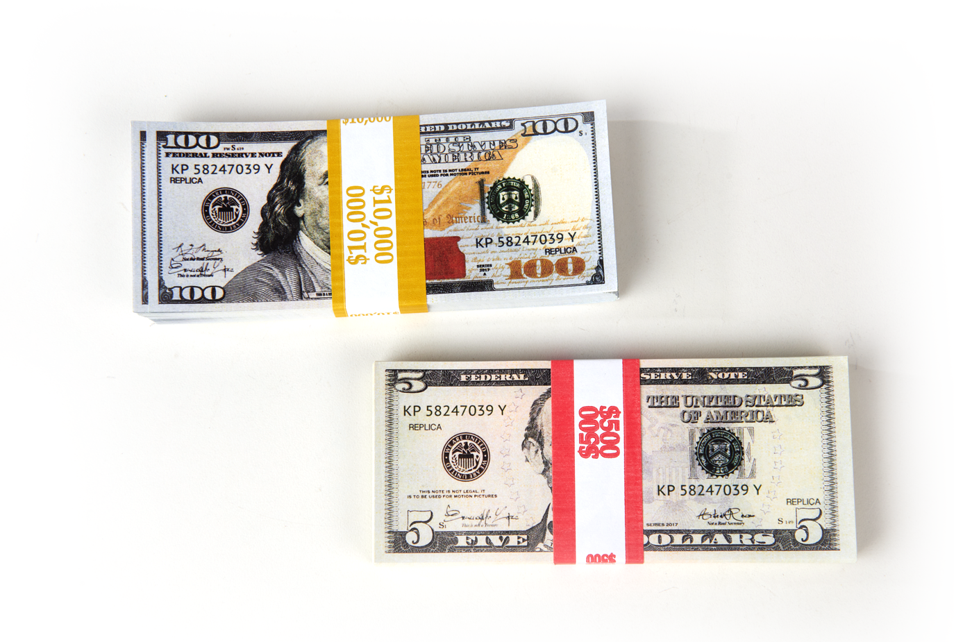 $10,500 prop movie money from Strobeprops. 1 stack each of new 100s and 5s replica money used in movies and videos.