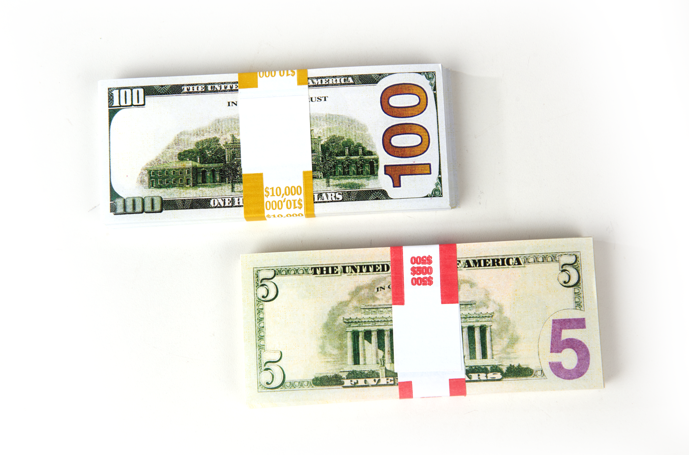$10,500 prop movie money from Strobeprops. 1 stack each of new 100s and 5s replica money used in movies and videos.