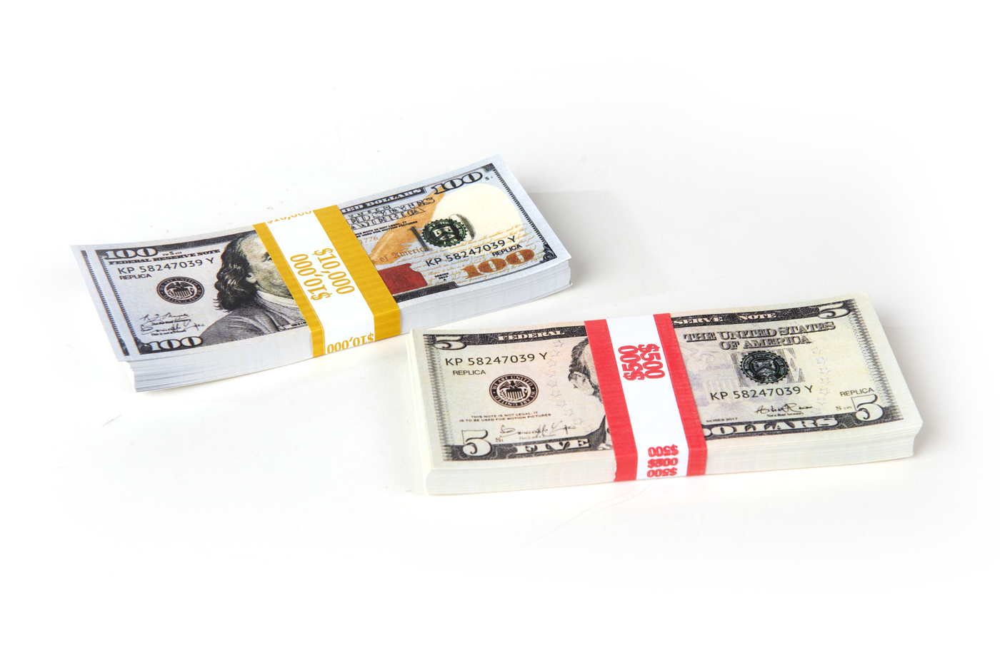 $10,500 prop movie money from Strobeprops. 1 stack each of new 100s and 5s replica money used in movies and videos.