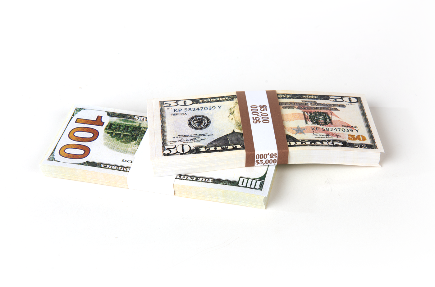 $15,000 in prop money from Strobeprops. 1 stack each of new 100s and 50s replica money used in movies and videos.