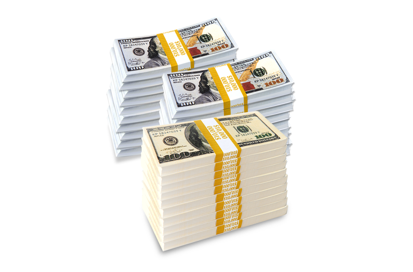 $300,000 in prop money from Strobeprops. 20 stacks of new 100s and 10 stacks of old 100s fake money used in movies