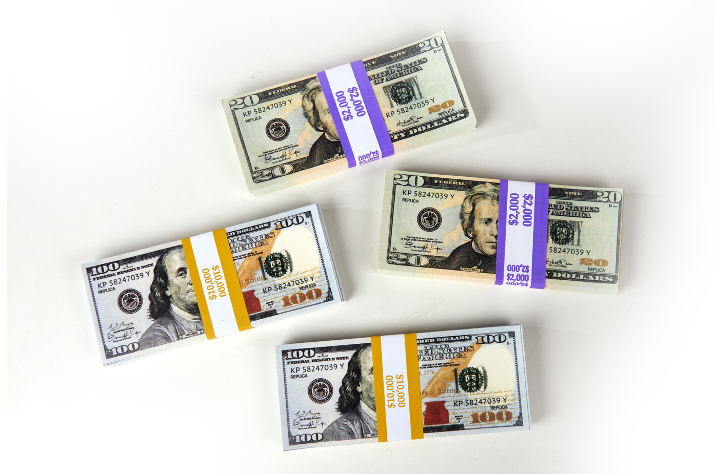 $24,000 in prop money from Strobeprops. 2 stacks each of new 100s and 20s fake money used in movies and videos.