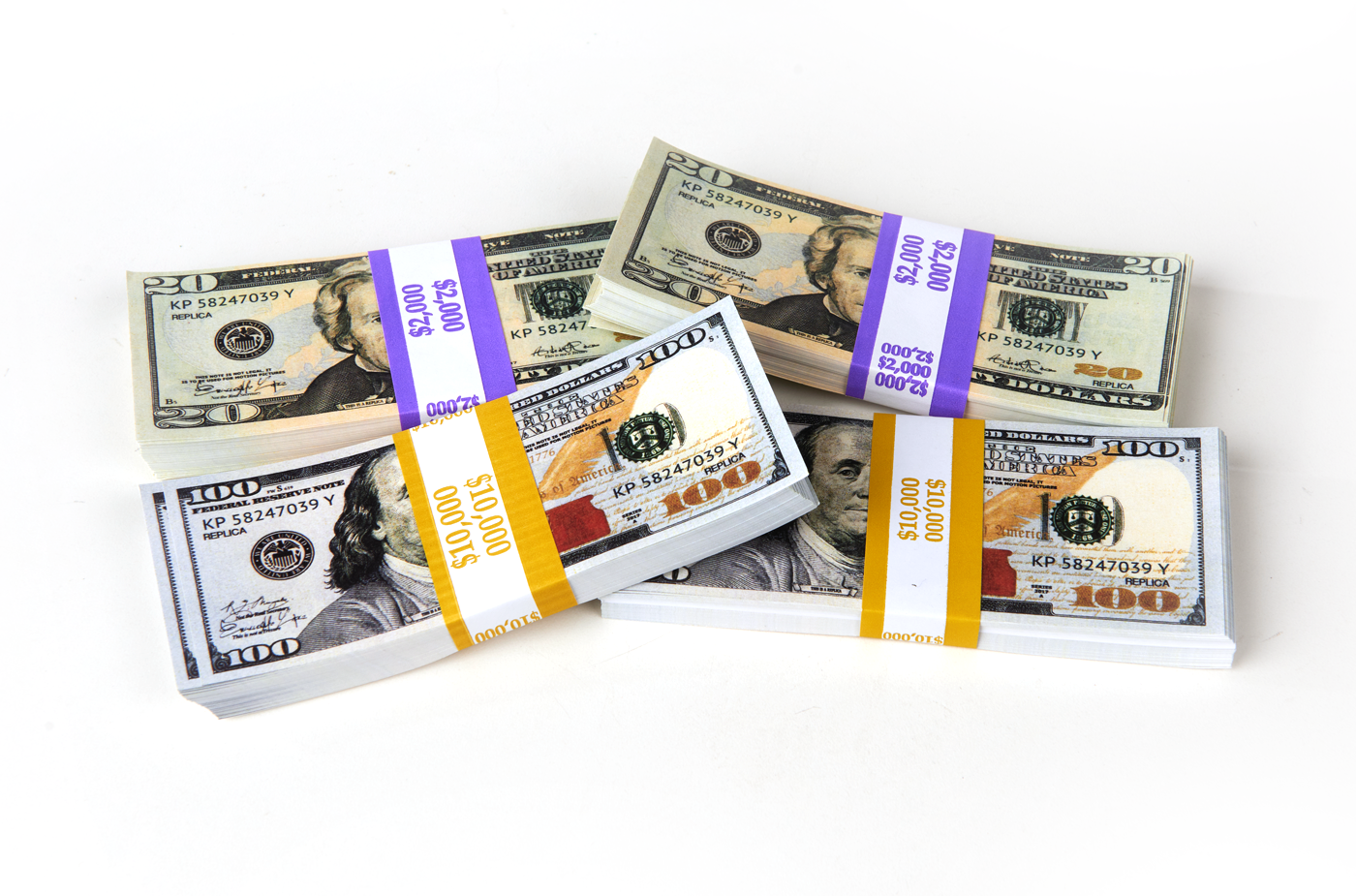 $24,000 in prop money from Strobeprops. 2 stacks each of new 100s and 20s fake money used in movies and videos.