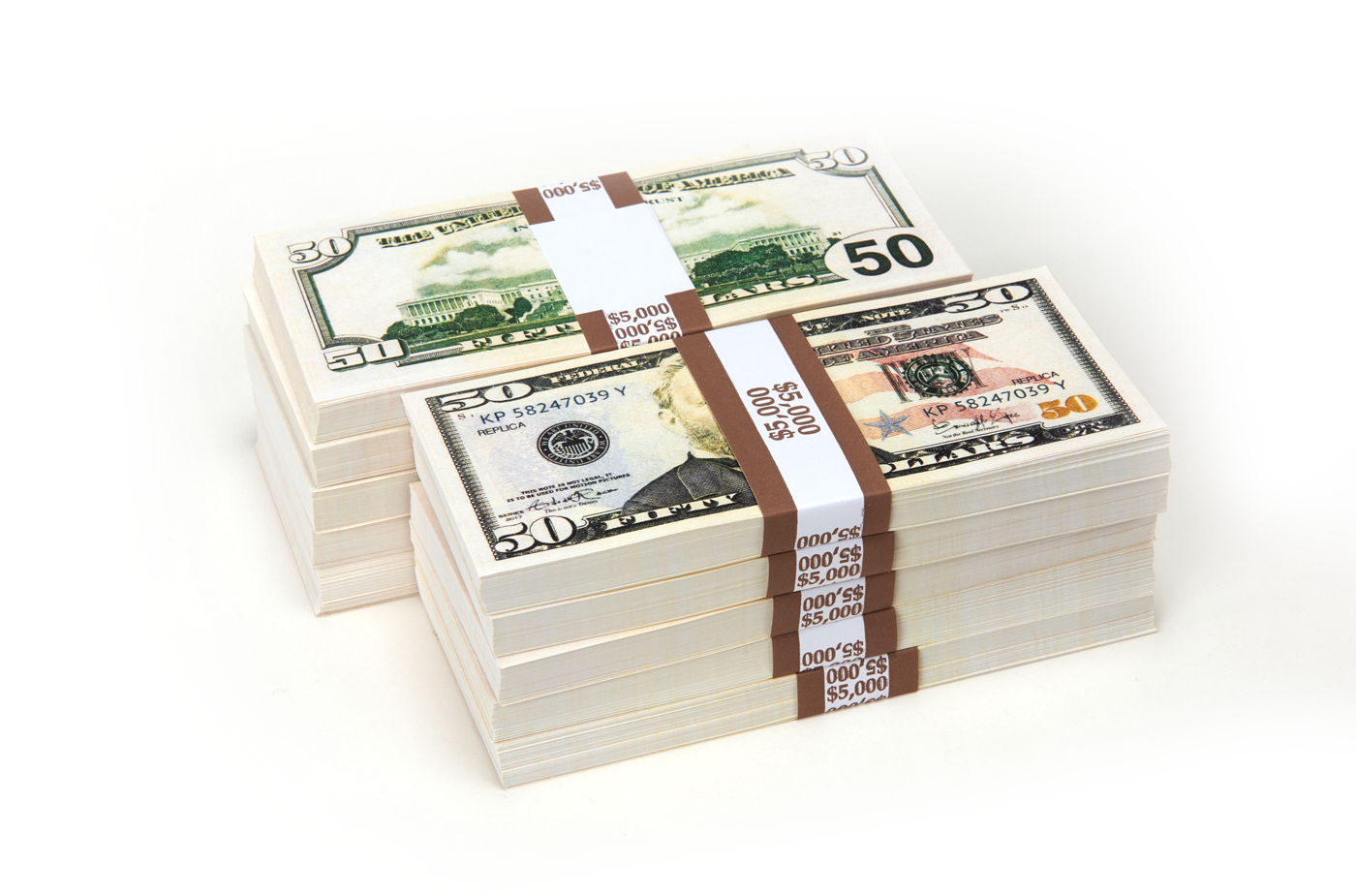 $50,000 in prop money from Strobeprops. 10 stacks of 50s fake money used in movies, YouTube and TikTok videos.
