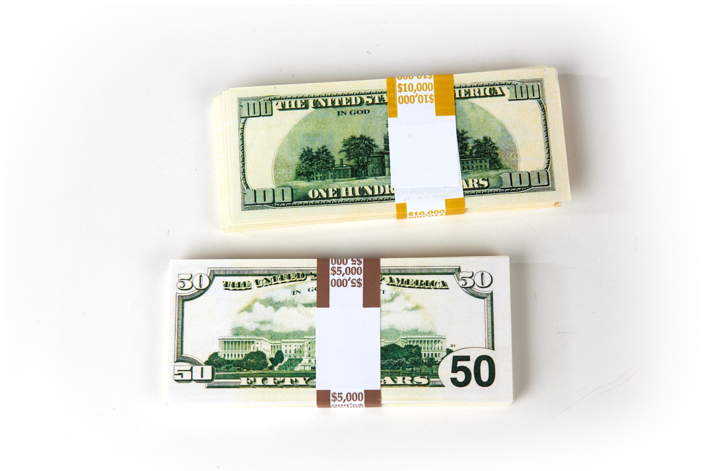 $15,000 in prop money from Strobeprops. 1 stack each of old 100s and 50s replica money used in movies and videos.