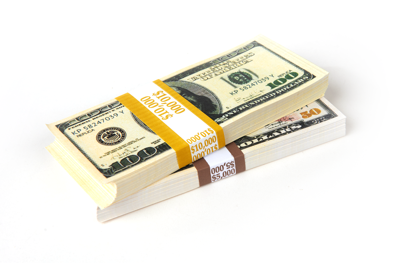 $15,000 in prop money from Strobeprops. 1 stack each of old 100s and 50s replica money used in movies and videos.