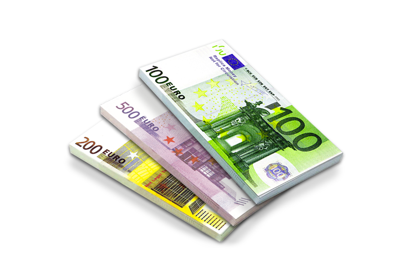 Euro 80,000 in prop money from Strobeprops. 1 stack each of 100, 200, and 500 euros fake money used in movies and videos.