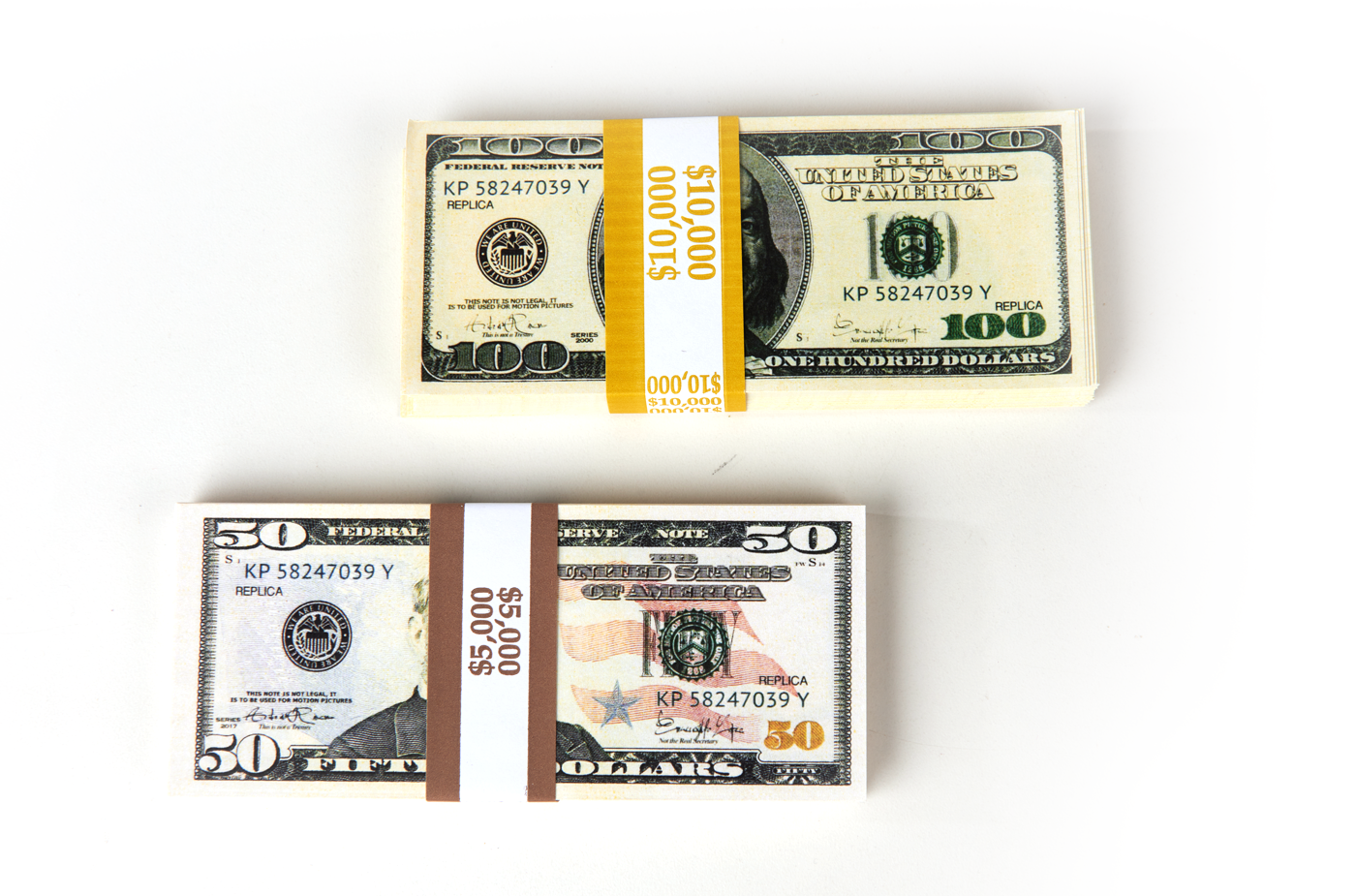 Full Print $15,000: 1 Stack Old 100s and 50s Prop Money by Strobeprops